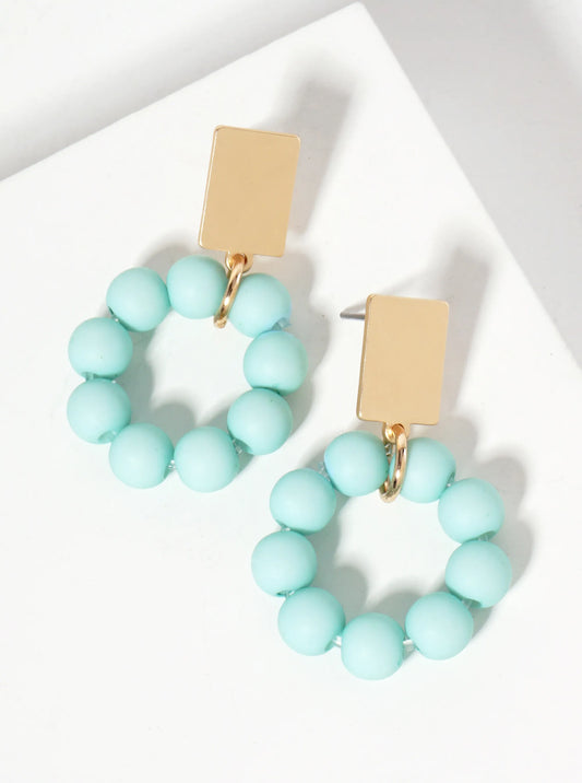 Acrylic-Beaded Circle Drop Hammered-Texture Rectangle Post Earrings