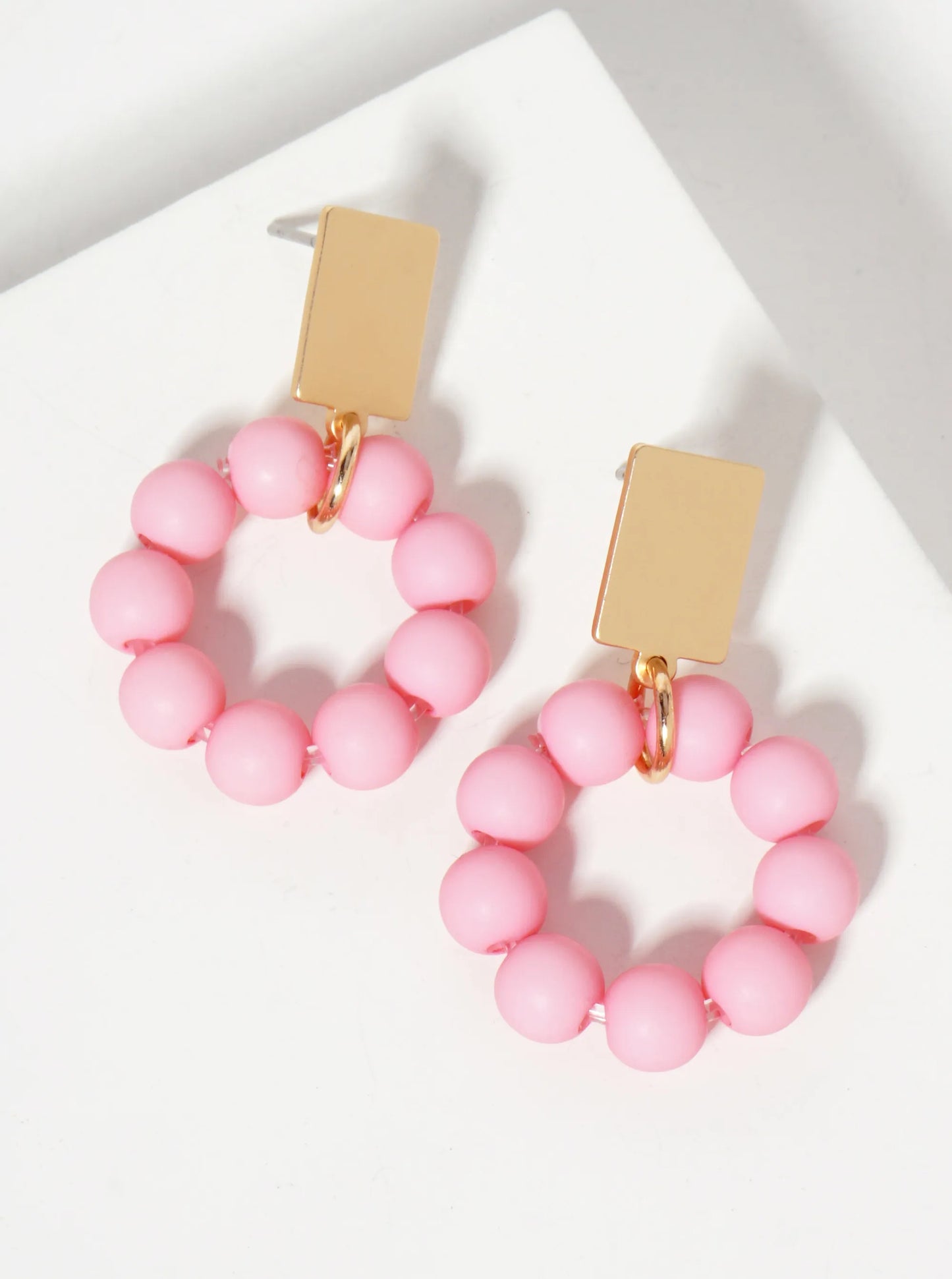 Acrylic-Beaded Circle Drop Hammered-Texture Rectangle Post Earrings