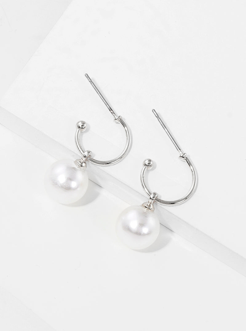 Acrylic Pearl Drop 10mm Huggie Hoop Earrings Rhodium