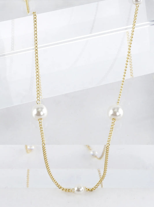 Alternating Pearl Brass Chain Necklace