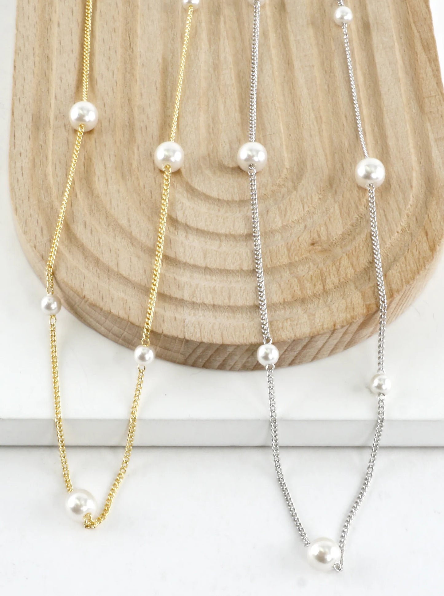 Alternating Pearl Brass Chain Necklace