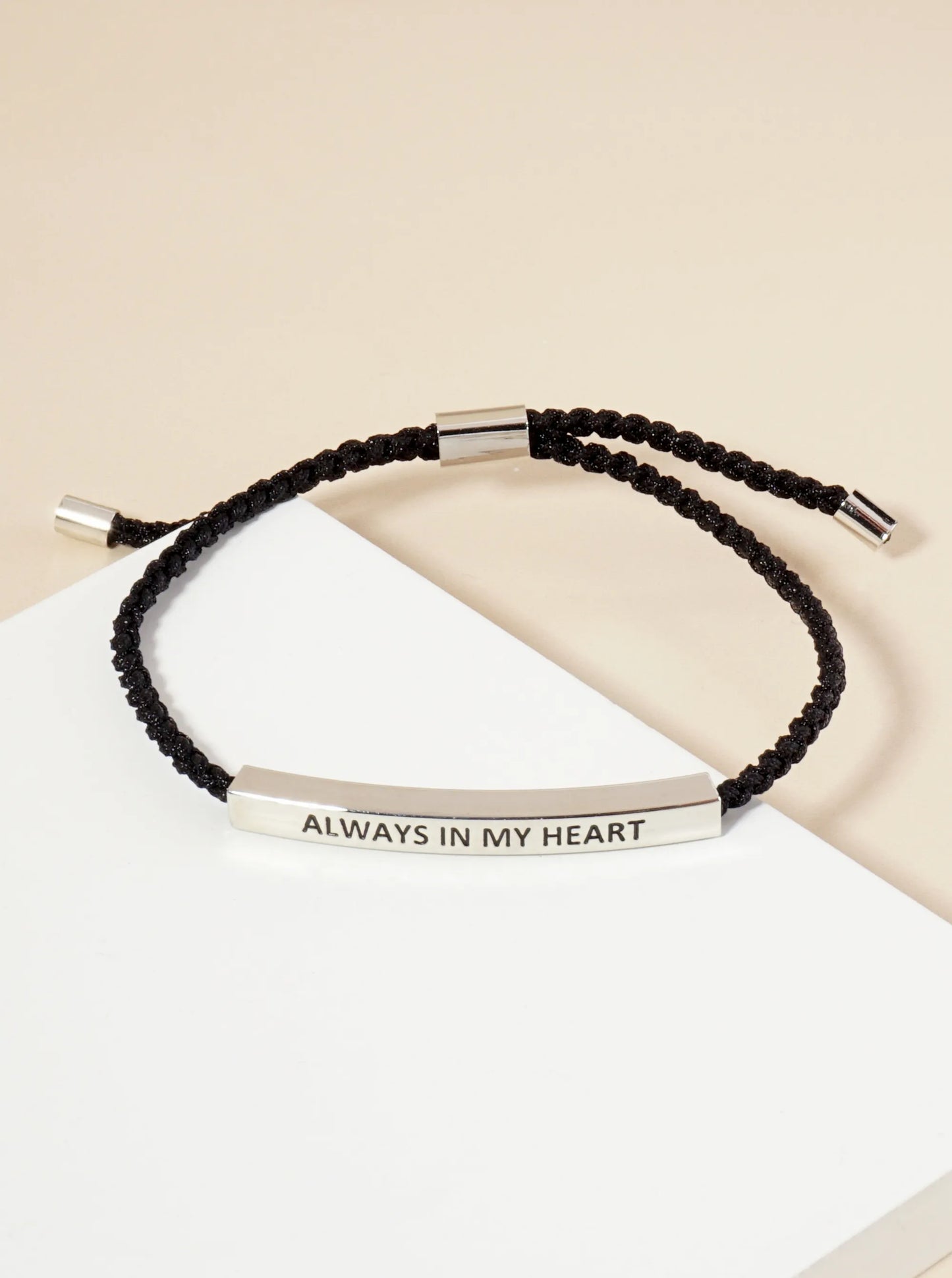 Always In My Heart Engraved 18K Gold Dipped Curved Brass Tube Bar Adjustable Pull Tie Bracelet