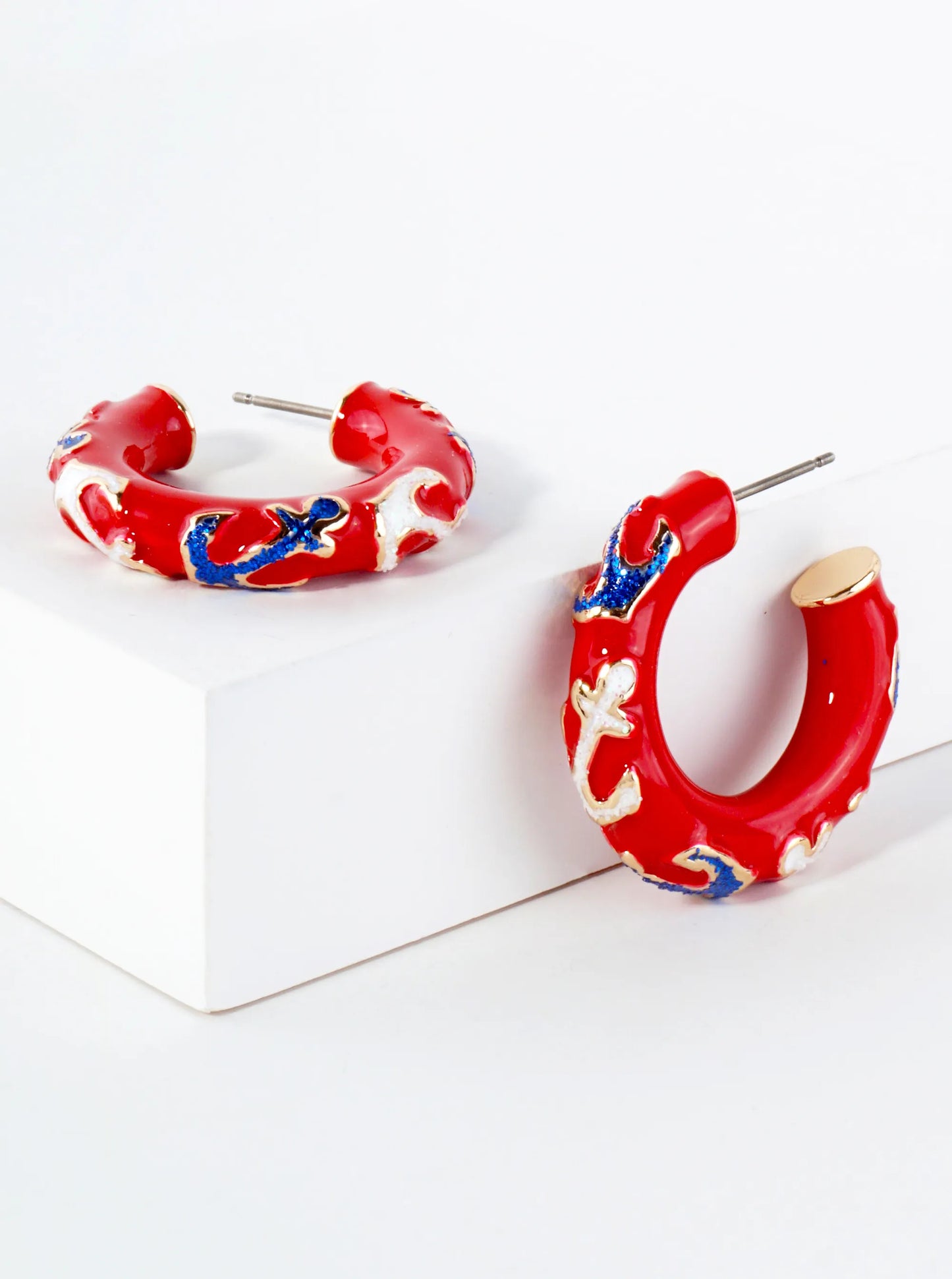 Anchor Pattern 25mm Nautical Enamel Hoop Earrings