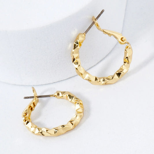 Angular-Texture Polished 20mm 14K-Gold-Dipped Brass Omega-Back Hoop Earrings