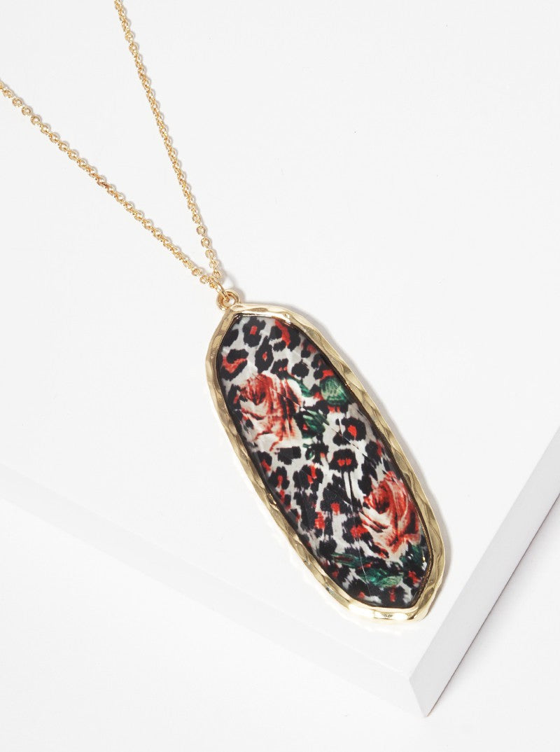 Animal Print Epoxy Resin Pendant Long Necklace FLOWER LEOPARD