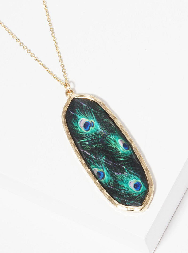 Animal Print Epoxy Resin Pendant Long Necklace GOLD-PEACOCK