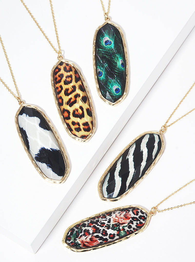 Animal Print Epoxy Resin Pendant Long Necklace
