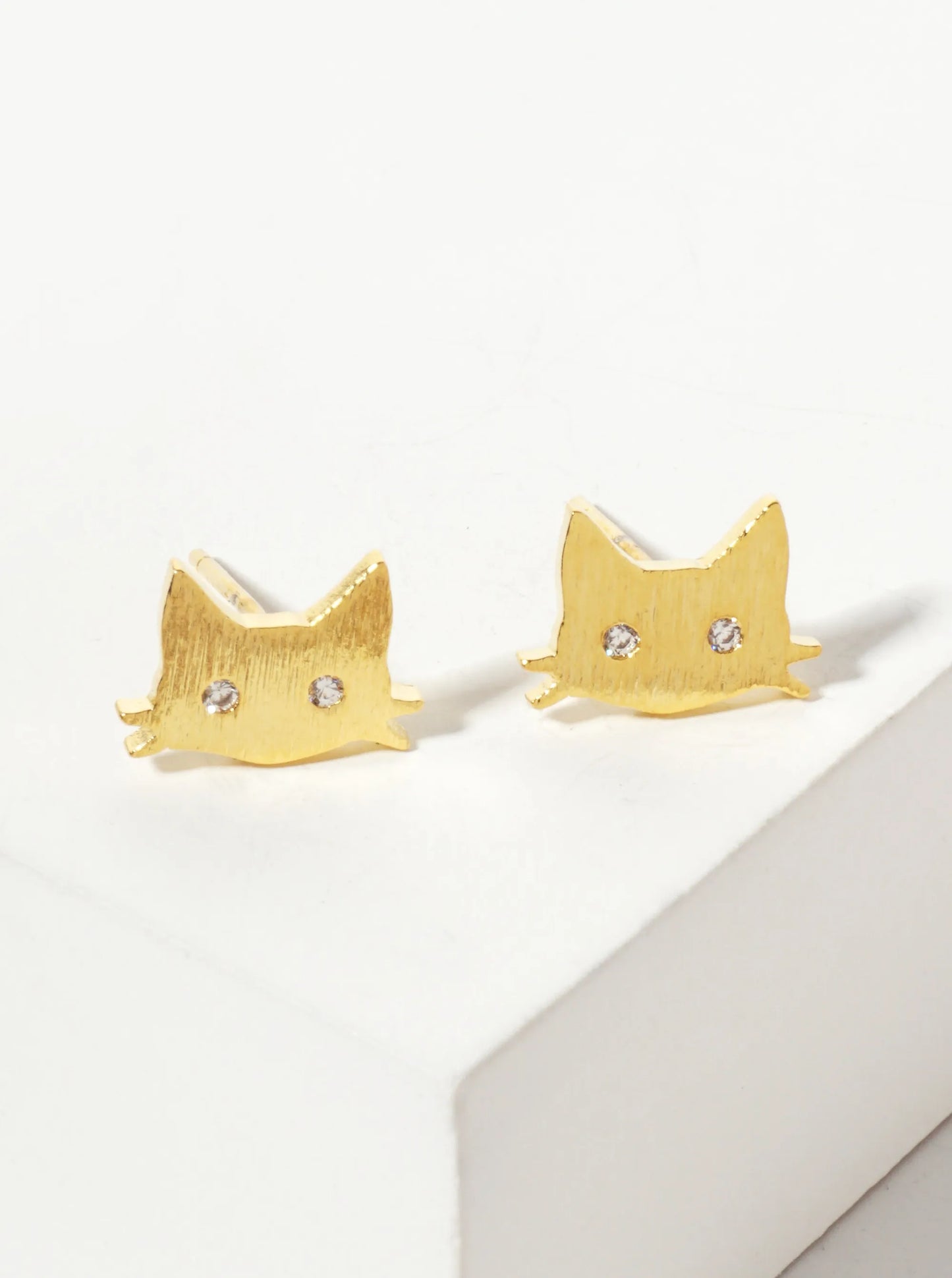 Animal-Theme 18K-Gold-Dipped Brushed-Texture CZ Eyed Cat Stud Earrings