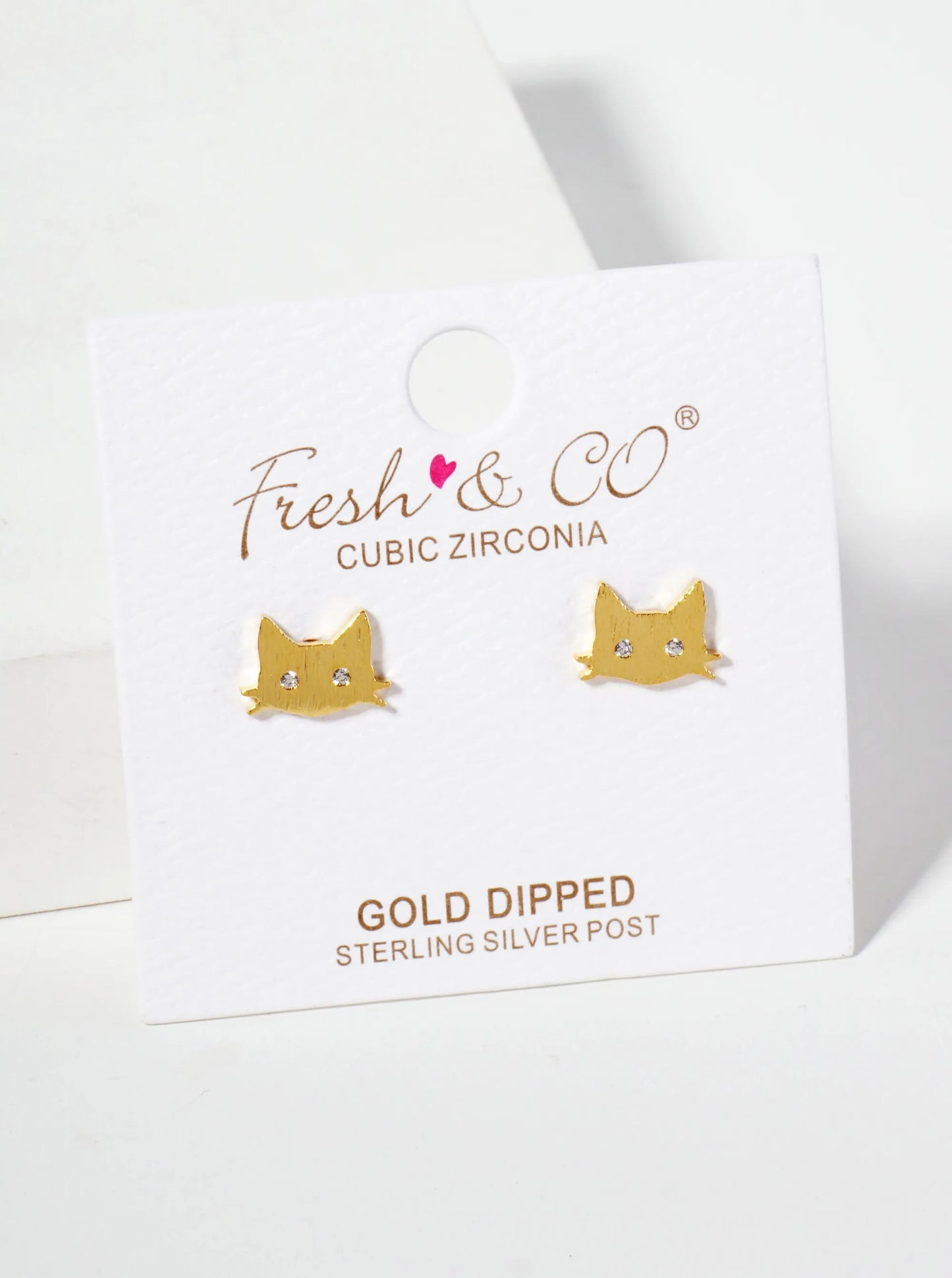 Animal-Theme 18K-Gold-Dipped Brushed-Texture CZ Eyed Cat Stud Earrings