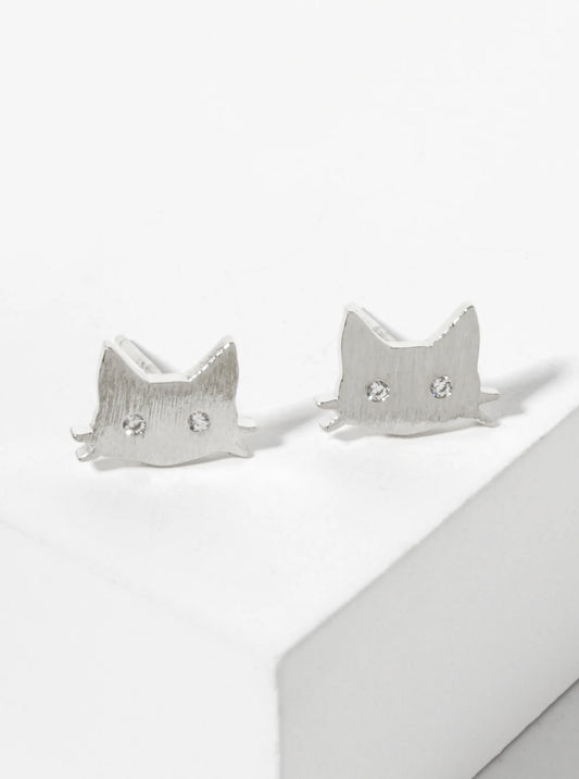 Animal-Theme 18K-Gold-Dipped Brushed-Texture CZ Eyed Cat Stud Earrings