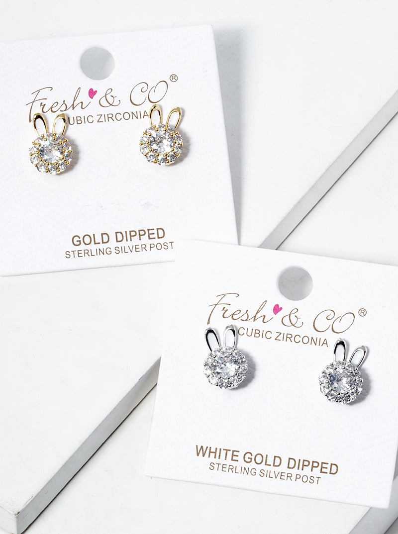 Animal-Theme 18K-Gold-Dipped CZ Rabbit Post Stud Earrings