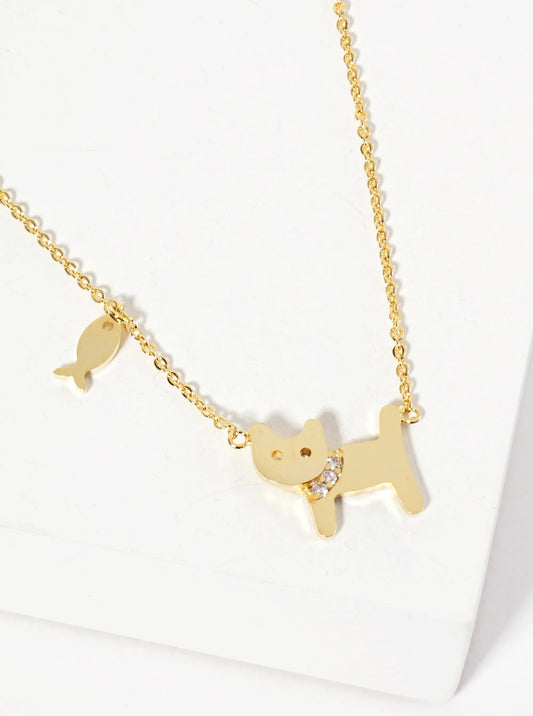 Animal-Theme 18K-Gold-Dipped Pave-Set CZ Cat Pendant Necklace