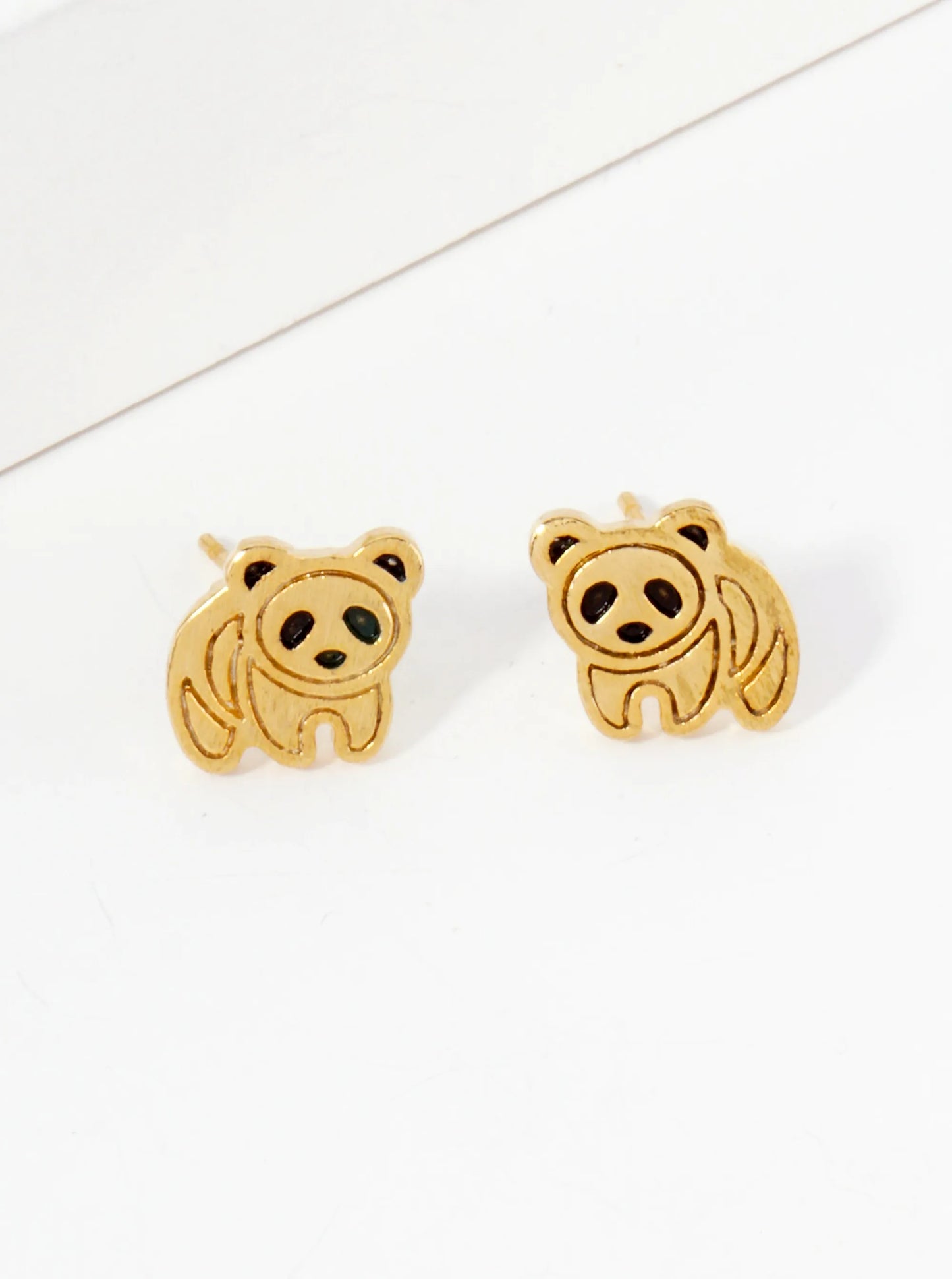 Animal-Theme Brushed Brass 10mm Panda 18K-Gold-Dipped Stud Earrings