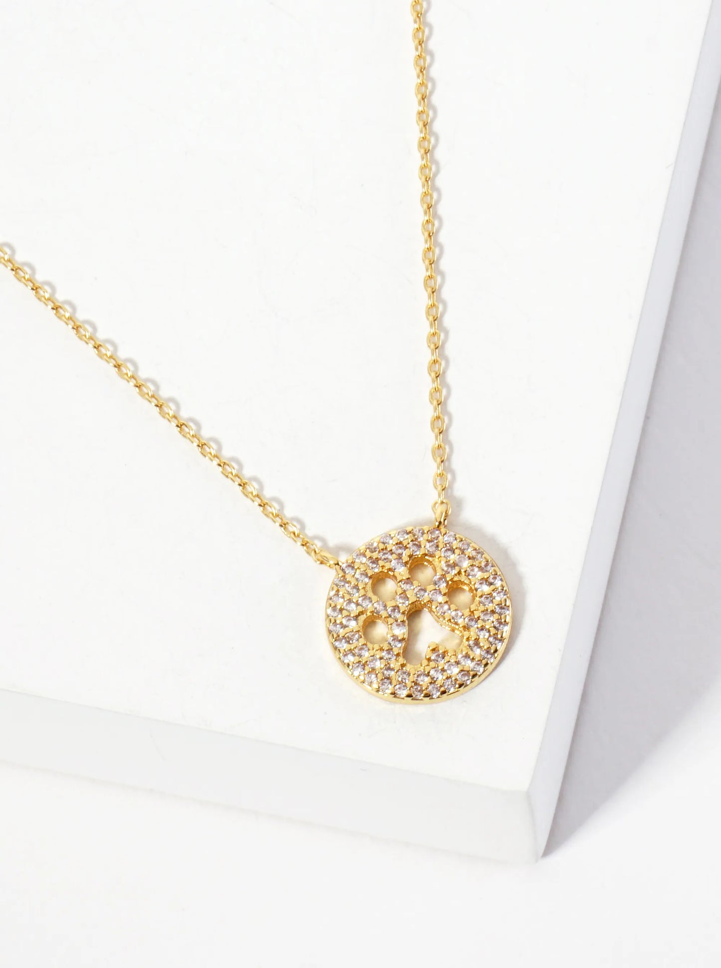 Animal-Theme Pave-Set Cubic-Zirconia 18K-Gold-Dipped Cutout Dog Paw Round Pendant Necklace