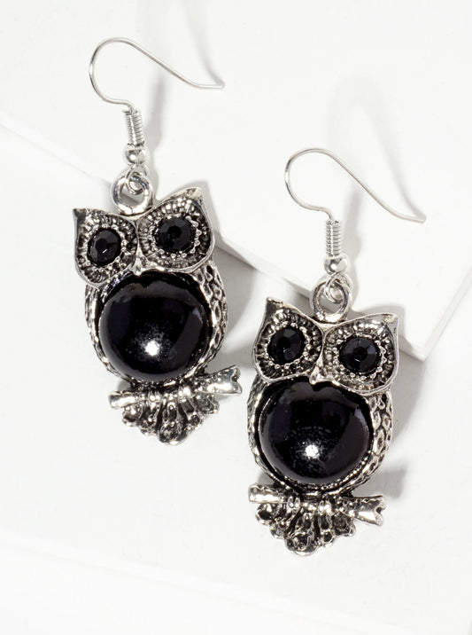 Animal-Theme Semi-Precious Natural-Stone Owl Dangle Drop Bohemian Western Earrings