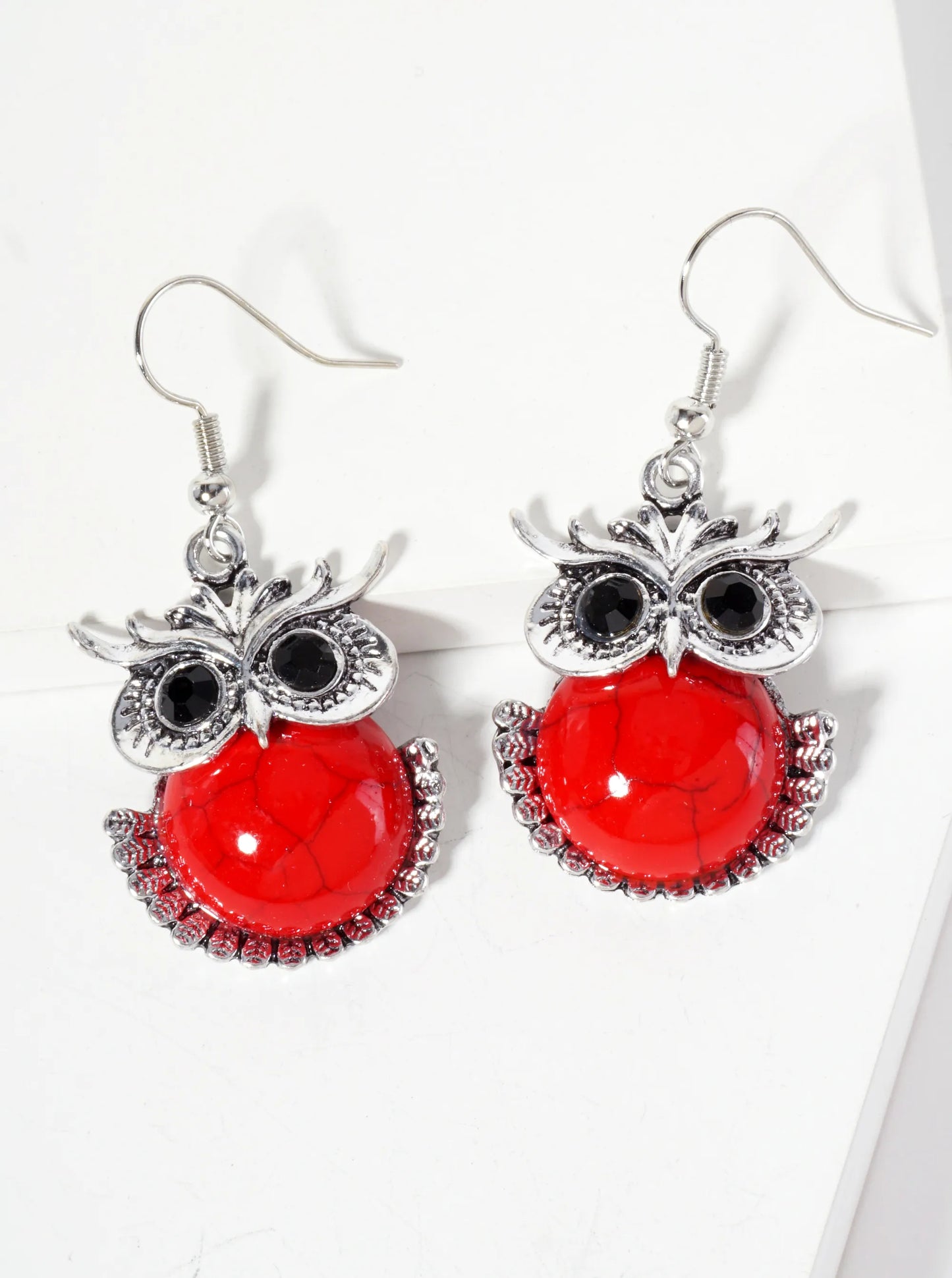 Animal-Theme Semi-Precious Natural-Stone Owl Dangle Drop Bohemian Western Earrings