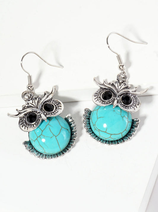 Animal-Theme Semi-Precious Natural-Stone Owl Dangle Drop Bohemian Western Earrings
