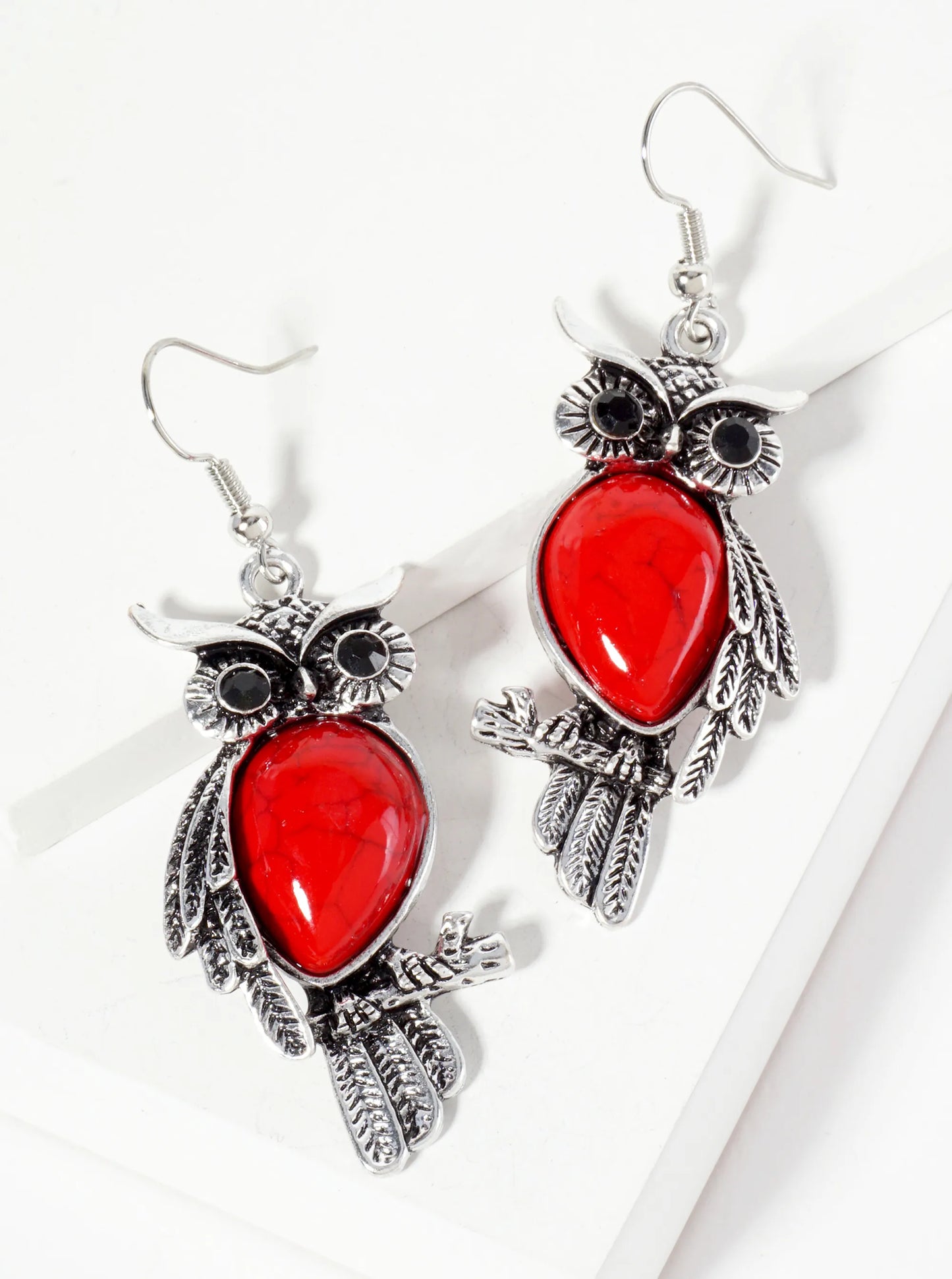 Animal-Theme Semi-Precious Natural-Stone Owl Dangle Drop Bohemian Western Earrings