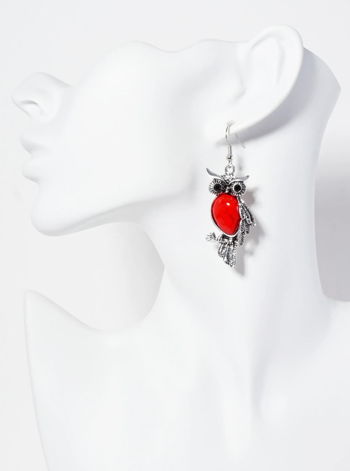 Animal-Theme Semi-Precious Natural-Stone Owl Dangle Drop Bohemian Western Earrings