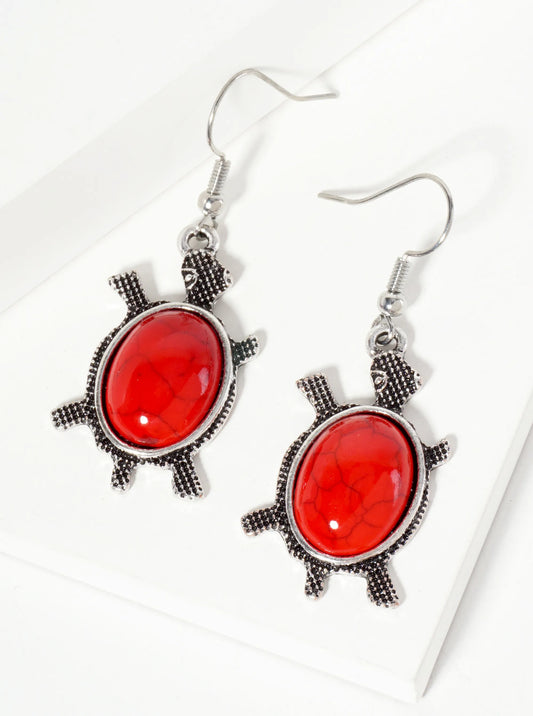 Animal-Theme Semi-Precious Natural-Stone Turtle Dangle Drop Bohemian Western Earrings