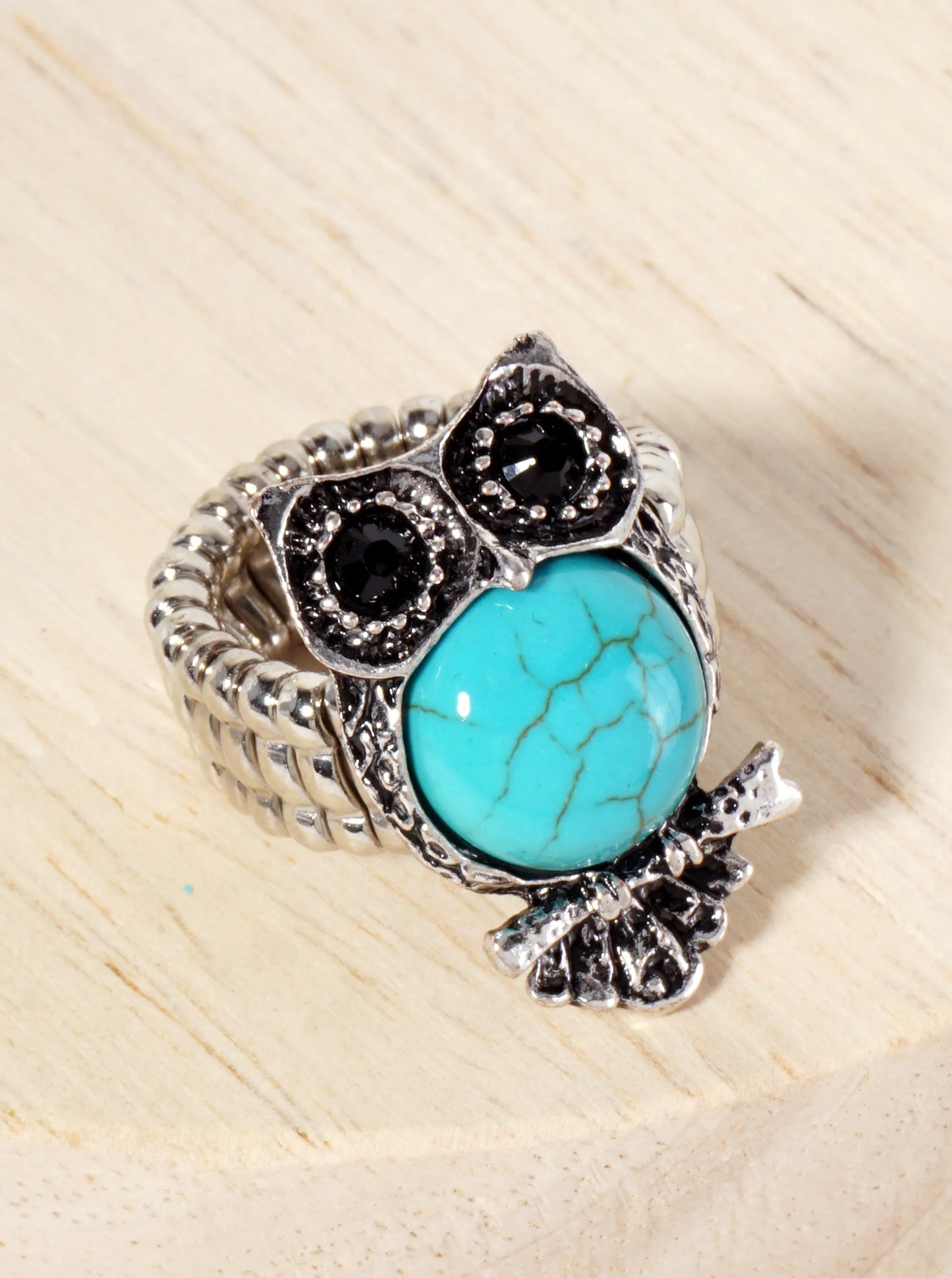 Animal-Theme Turquoise Semi-Precious Natural-Stone Owl Bohemian Western Statement Stretch Ring