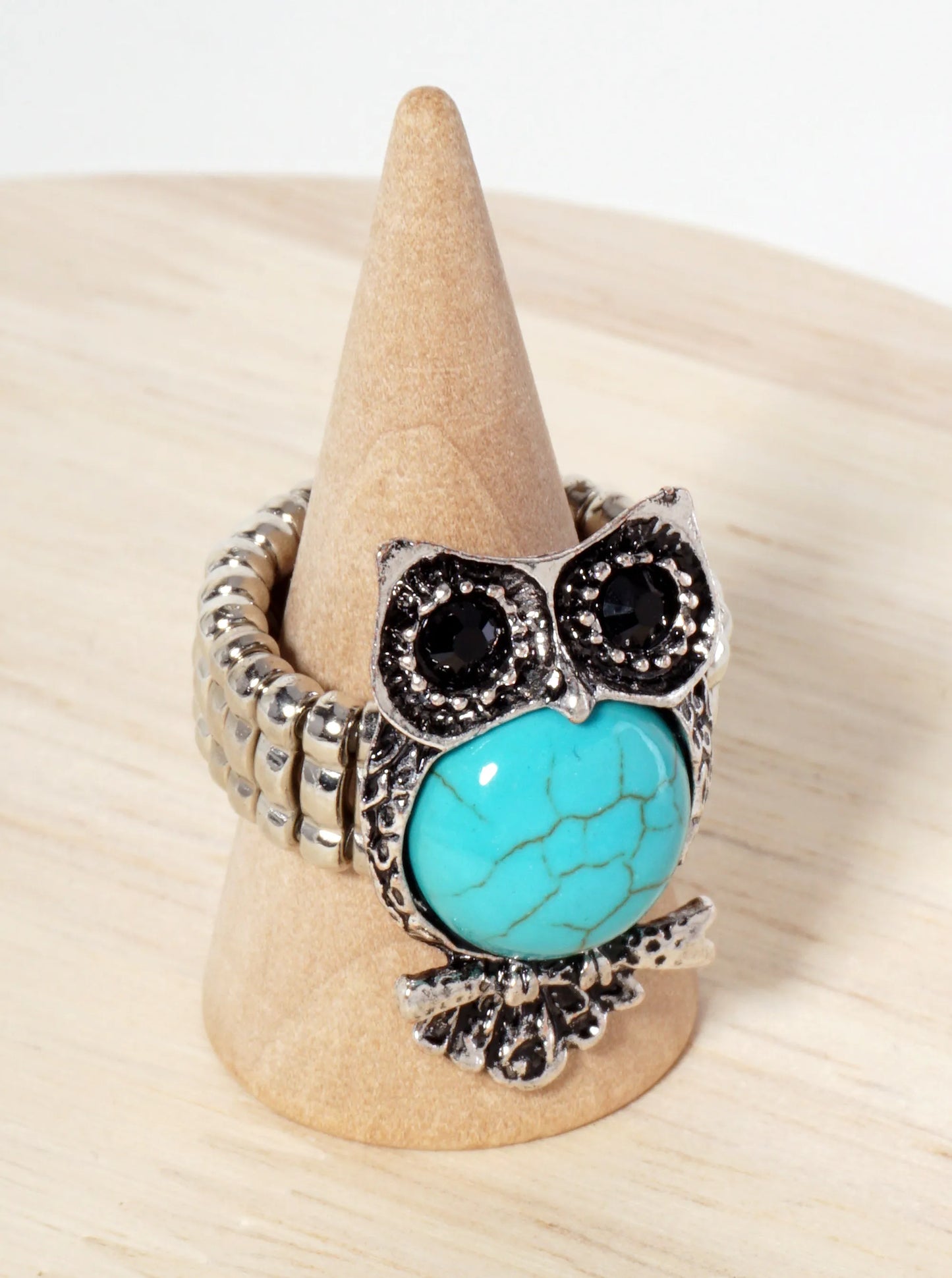 Animal-Theme Turquoise Semi-Precious Natural-Stone Owl Bohemian Western Statement Stretch Ring