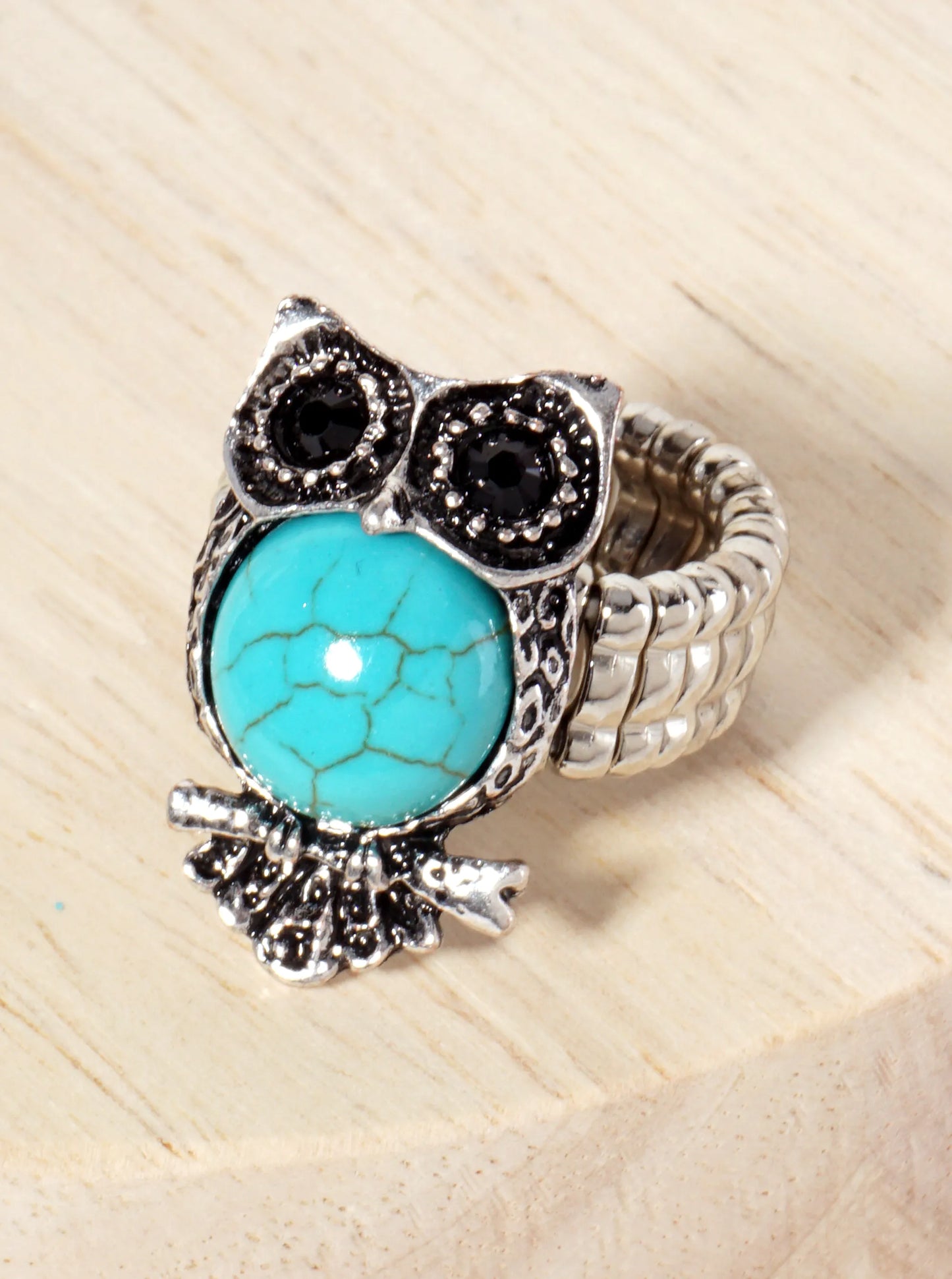 Animal-Theme Turquoise Semi-Precious Natural-Stone Owl Bohemian Western Statement Stretch Ring