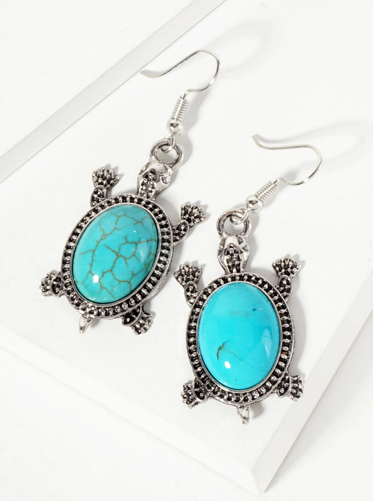 Animal-Theme Turquoise Semi-Precious Natural-Stone Turtle Dangle Earrings