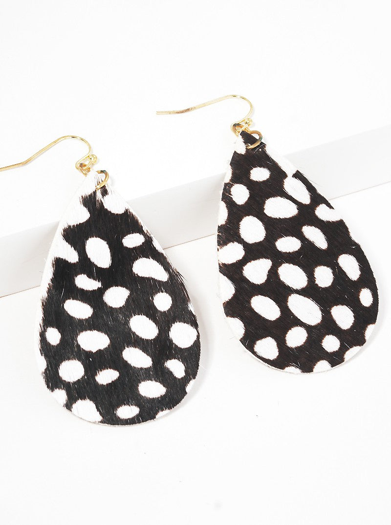 Animal Print Genuine Leather Teardrop Fishhook Dangle Drop Earrings