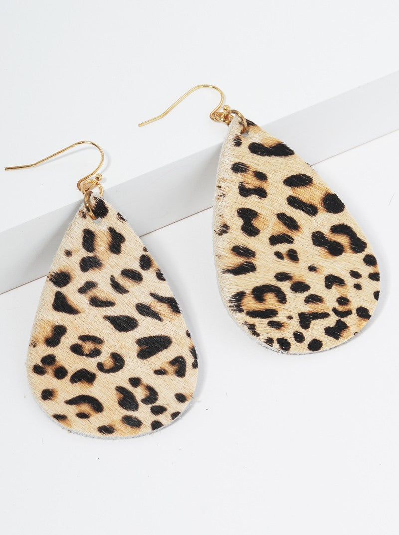 Animal Print Genuine Leather Teardrop Fishhook Dangle Drop Earrings