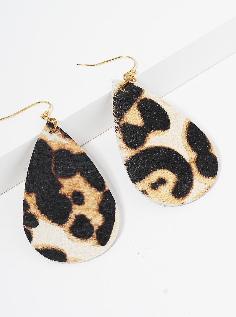 Animal Print Genuine Leather Teardrop Fishhook Dangle Drop Earrings