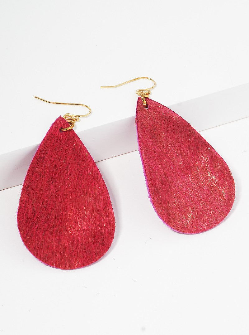 Animal Print Genuine Leather Teardrop Fishhook Dangle Drop Earrings