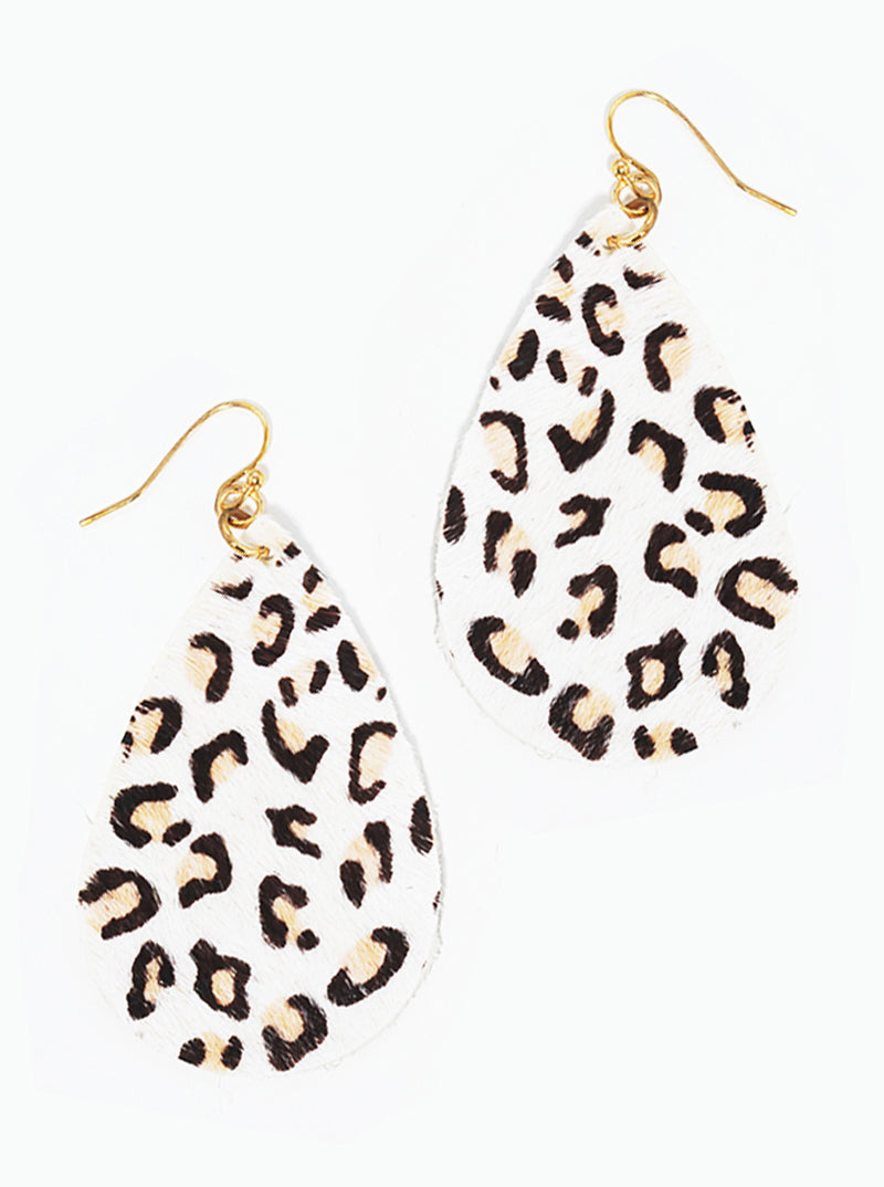 Animal Print Genuine Leather Teardrop Fishhook Dangle Drop Earrings