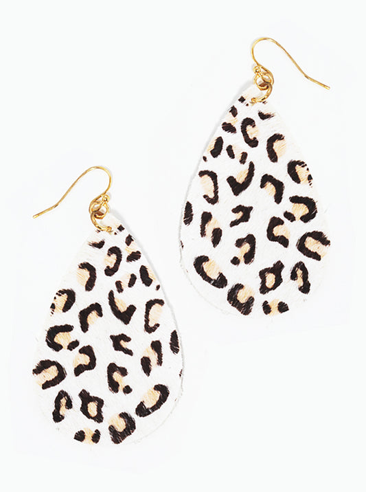 Animal Print Genuine Leather Teardrop Fishhook Dangle Drop Earrings
