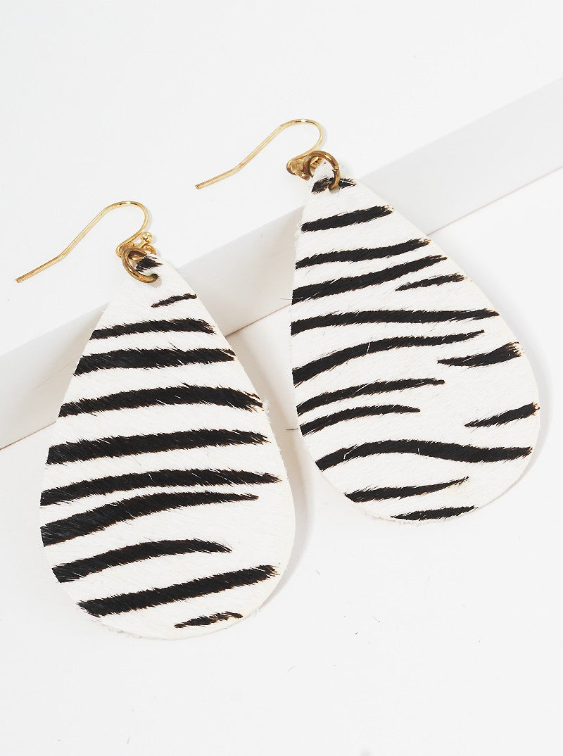 Animal Print Genuine Leather Teardrop Fishhook Dangle Drop Earrings