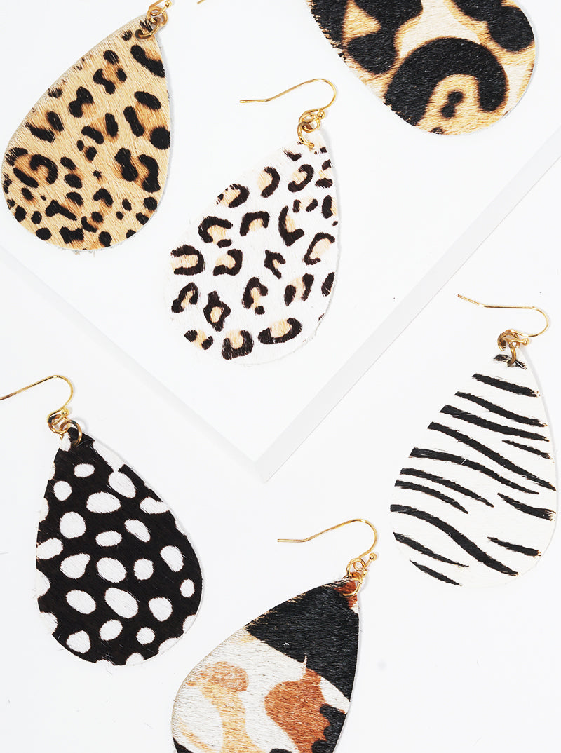 Animal Print Genuine Leather Teardrop Fishhook Dangle Drop Earrings