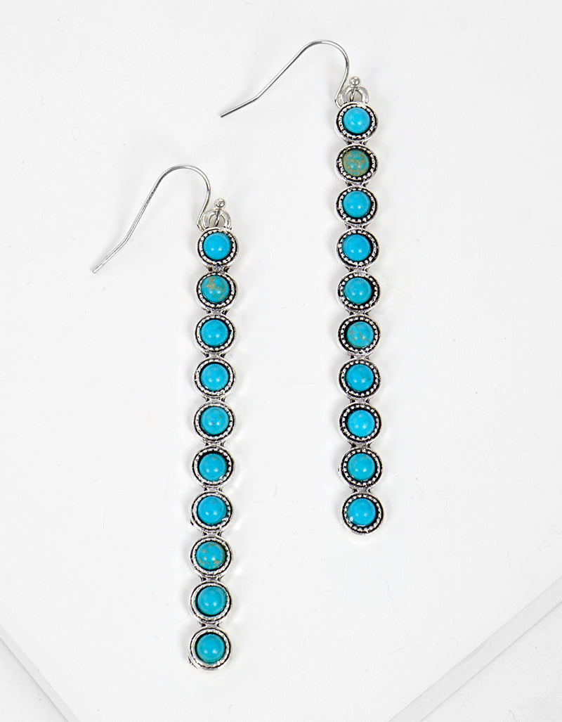 Antique Burnished Silver Turquoise Beaded Bar Dangle Drop Earrings