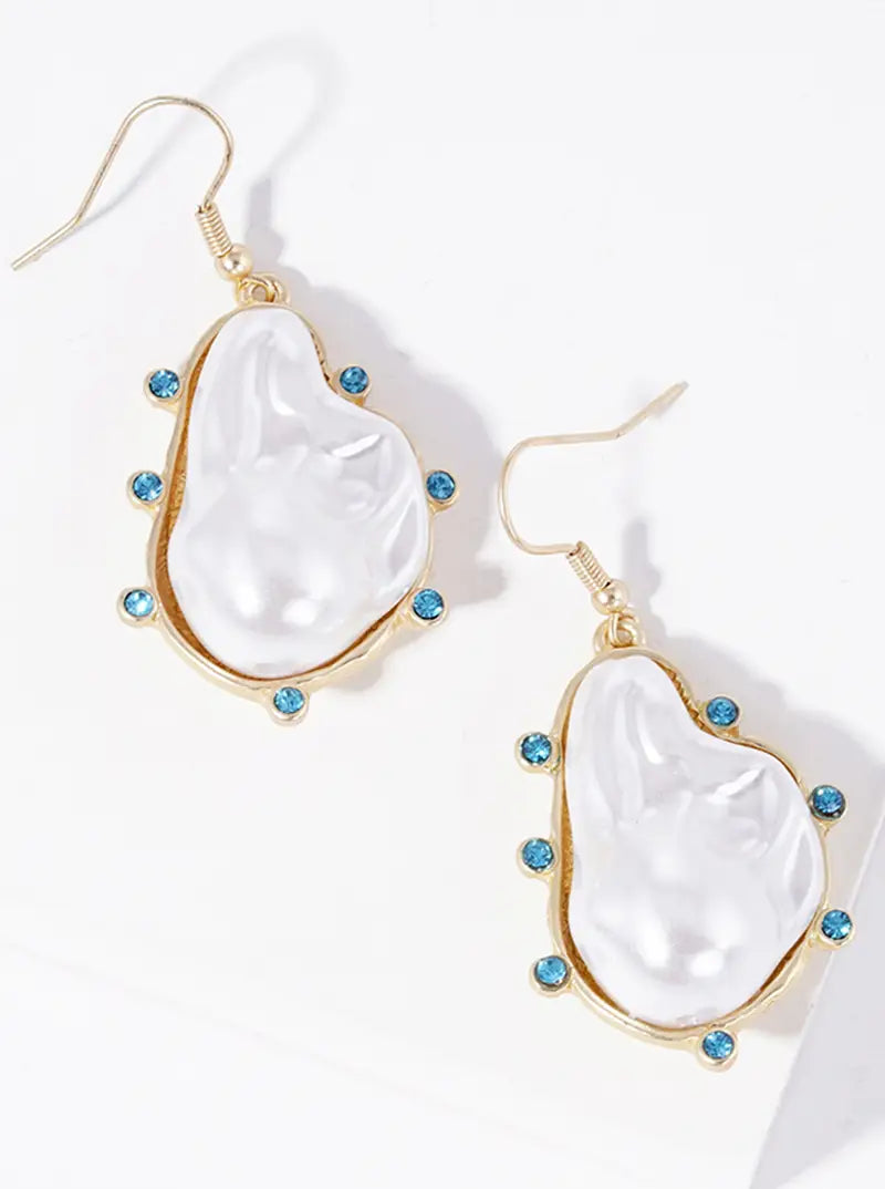 Aqua Crystal Organic Shaped Pearl Dangle Drop Earrings