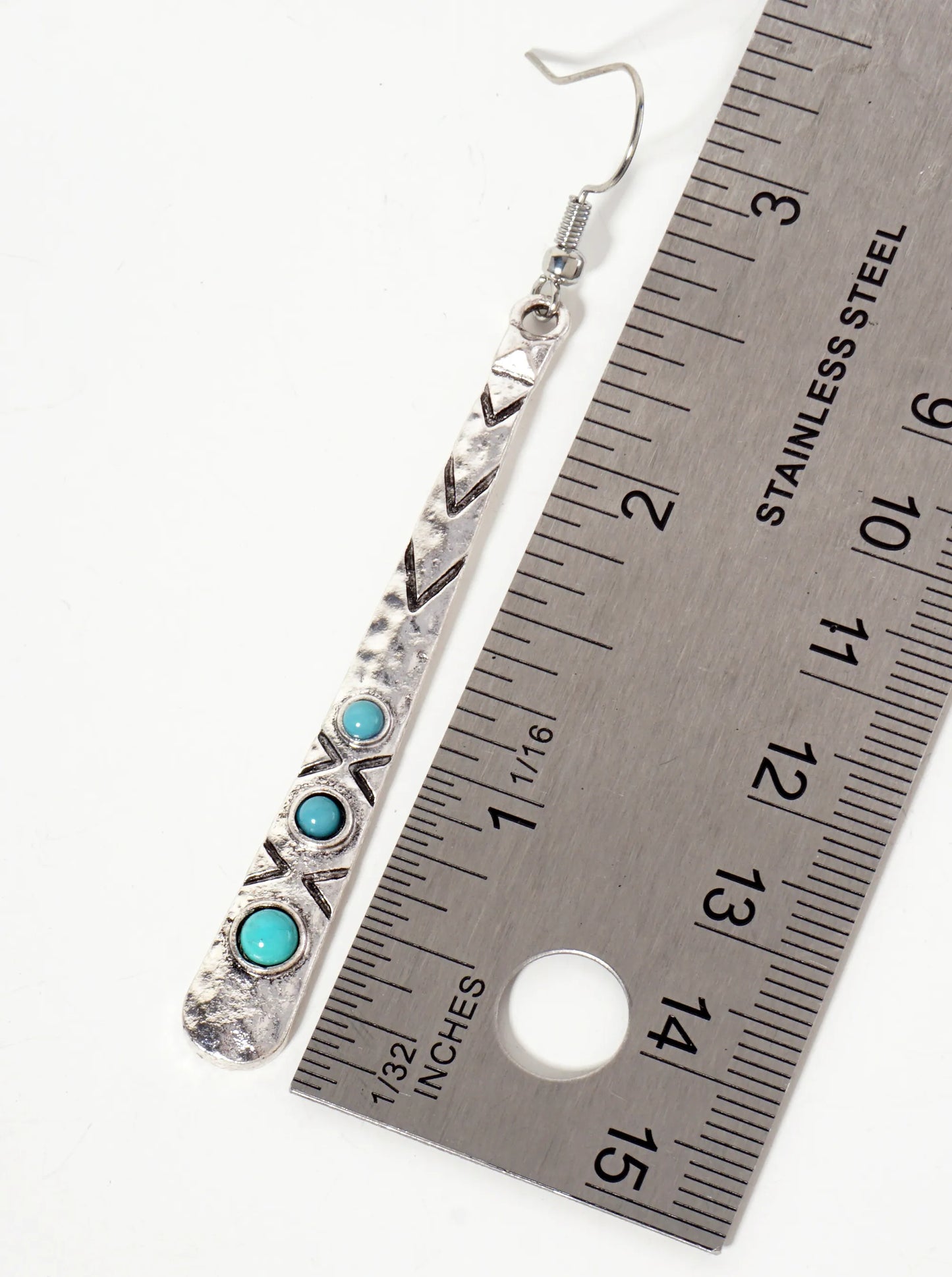 Arrow Pattern Engraved Hammered-Texture Bar Drop Earrings With Turquoise-Stones