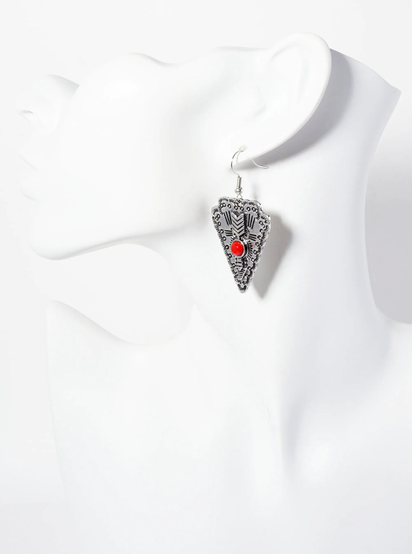 Arrow Pattern Engraved And Semi-Precious Natural-Stone At-the-Center Arrowhead Earrings