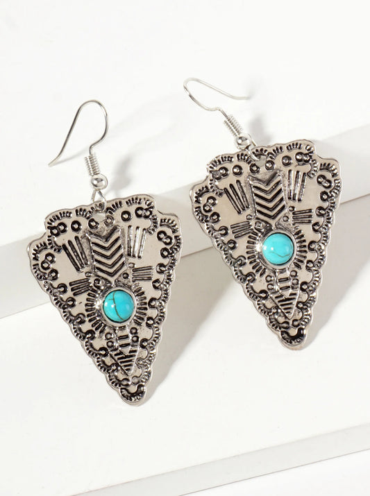 Arrow Pattern Engraved And Semi-Precious Natural-Stone At-the-Center Arrowhead Earrings