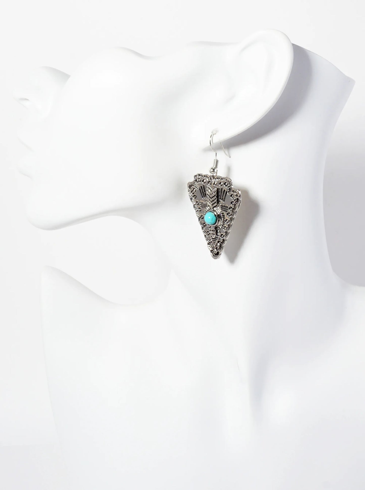 Arrow Pattern Engraved And Semi-Precious Natural-Stone At-the-Center Arrowhead Earrings