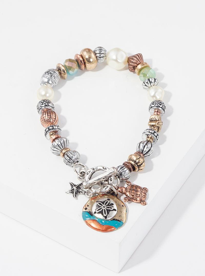 Artisan Sea Life Themed Charms Metal Toggle Closure Stretch Bracelet