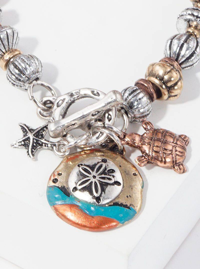 Artisan Sea Life Themed Charms Metal Toggle Closure Stretch Bracelet