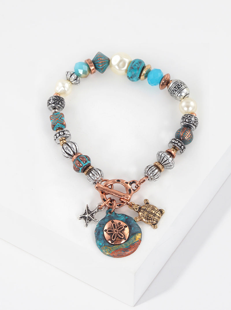 Artisan Sea Life Themed Charms Metal Toggle Closure Stretch Bracelet