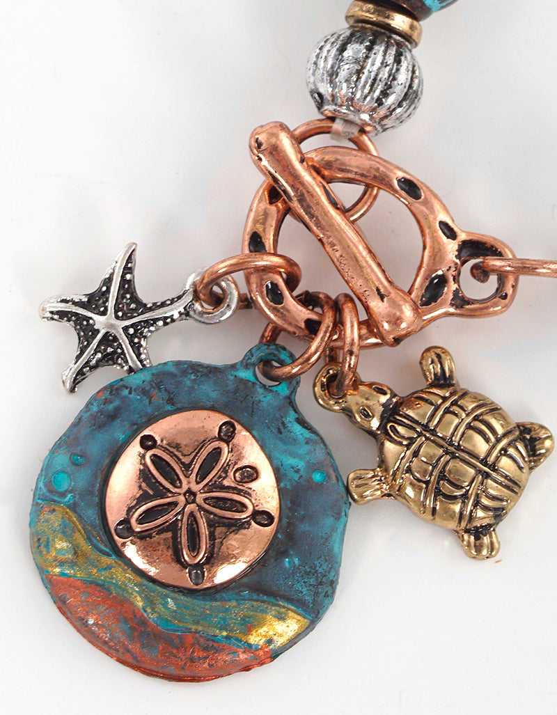 Artisan Sea Life Themed Charms Metal Toggle Closure Stretch Bracelet