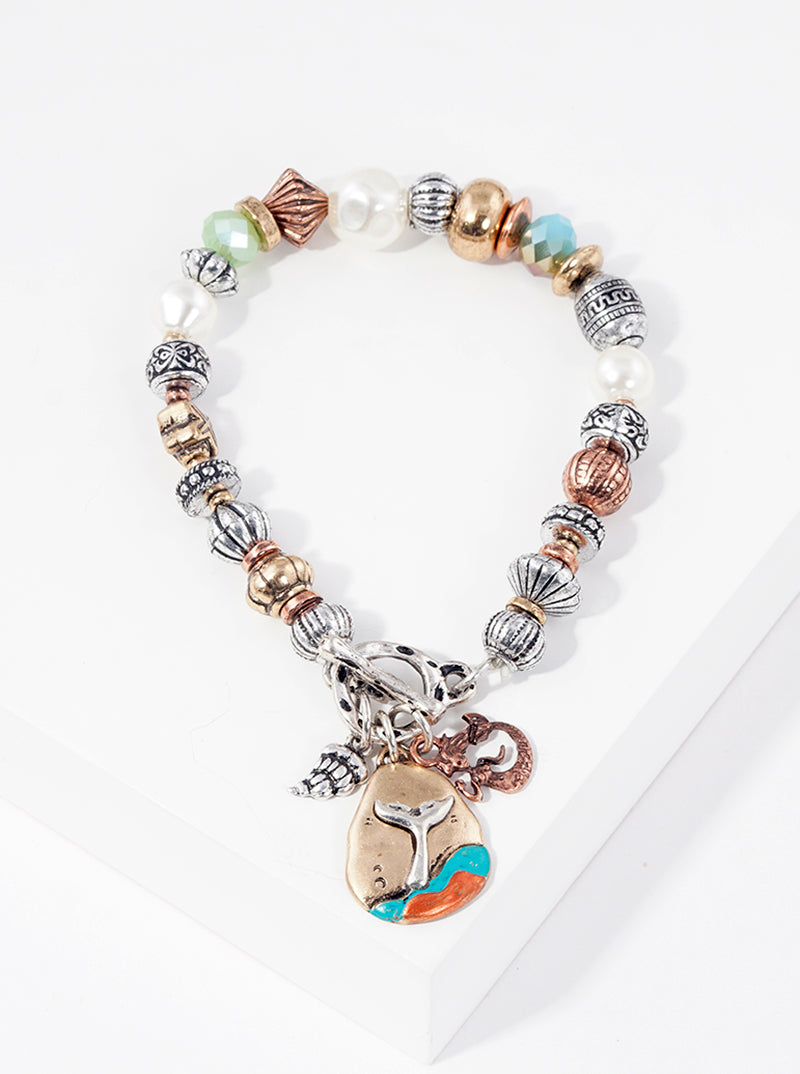 Artisan Sea Life Themed Charms Metal Toggle Closure Stretch Bracelet