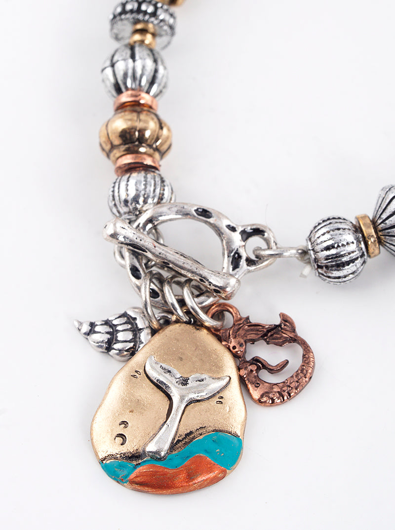 Artisan Sea Life Themed Charms Metal Toggle Closure Stretch Bracelet