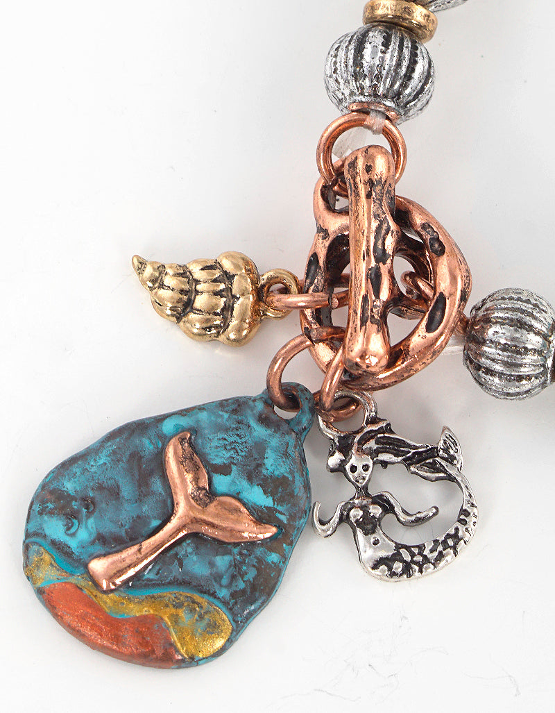 Artisan Sea Life Themed Charms Metal Toggle Closure Stretch Bracelet