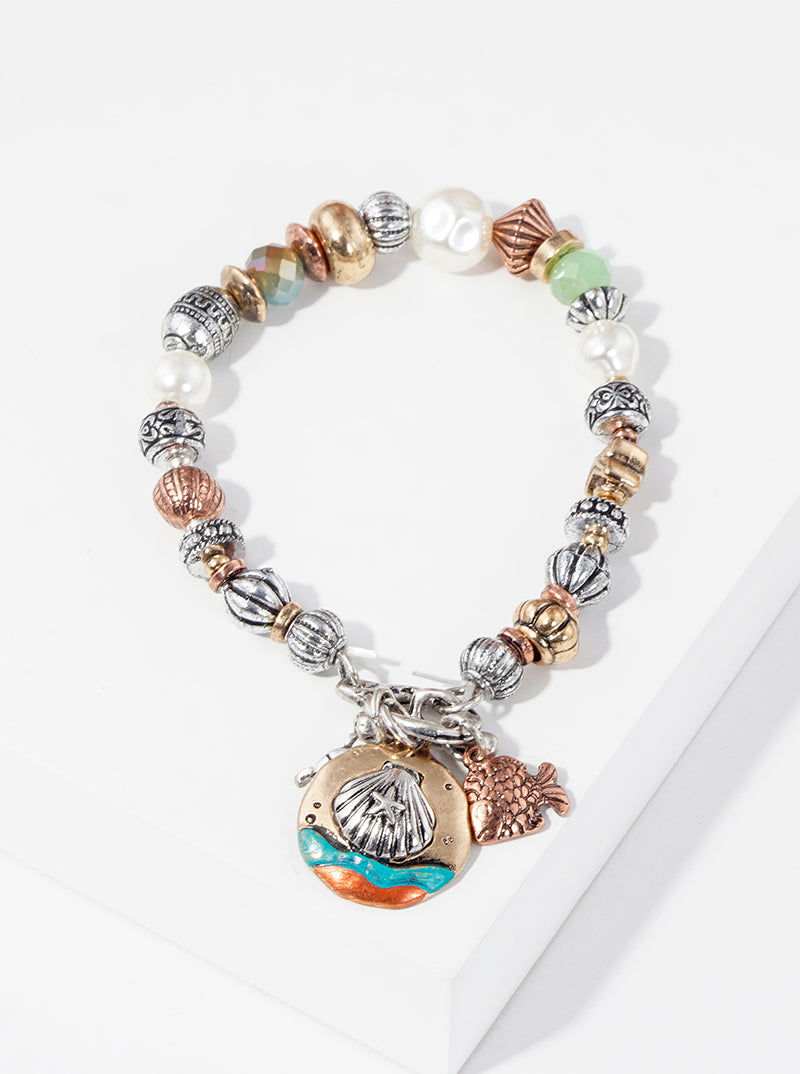 Artisan Sea Life Themed Charms Metal Toggle Closure Stretch Bracelet